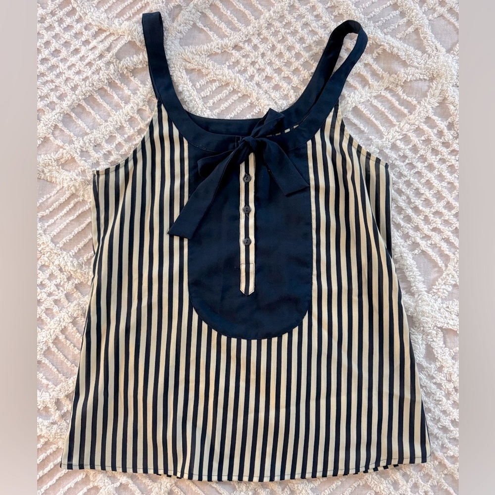 Navy and Cream Striped Button Up Tank with Bow SZ XS
